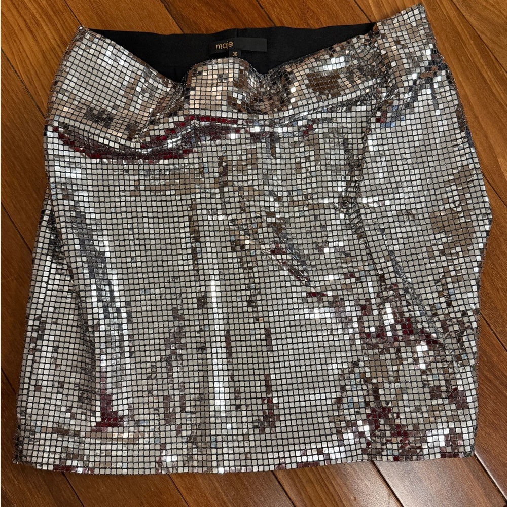 Maje Shimmering Silver Mini Skirt disco